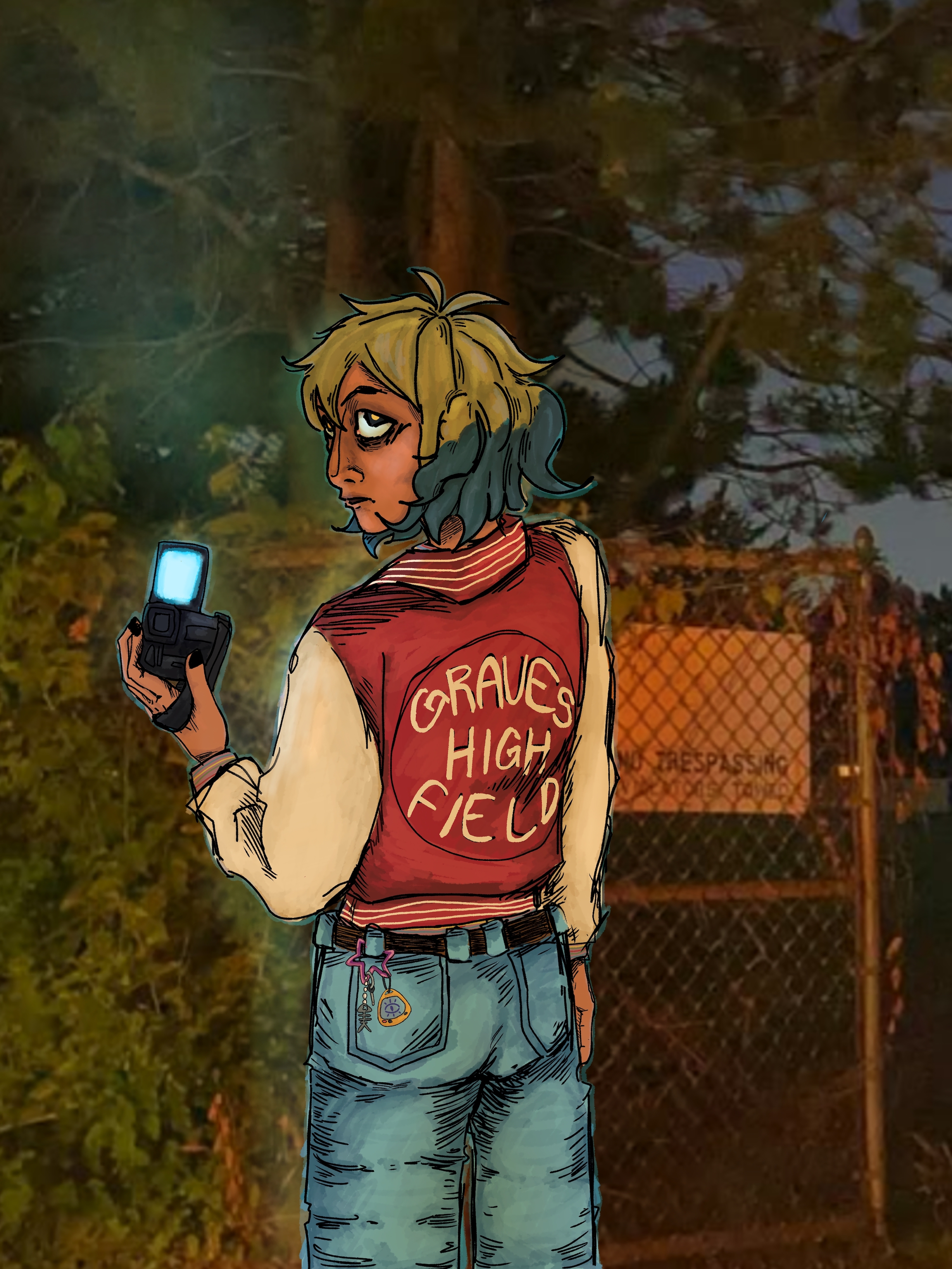 
          Full shot of Vee Noceda outdoors. She is facing away and slightly to her right, looking toward something in the distance. She appears to be a young person with light green hair with a portion of dark blue hair, and a somewhat androgynous appearance.
          She is wearing a red jersey jacket with light beige/cream-colored sleeves, slightly oversized, or loose-fitting with the words "Gravesfield High" with the word "High" in the middle, written in a stylized font on a circular emblem. Vee's bottom apparel includes light wash and distressed vintage-style blue jeans. A small, reddish lilac star-shaped carabiner with various charms is pinned to one belt hoop over the left back pocket.
          Vee holds an old black camcorder with an illuminated screen (light blue) in her other hand that is raised. The background is a slightly out-of-focus real life picture of an outdoor scene at night. A partly visible, metal fence forms a backdrop extending from the middle ground to the right, with trees and foliage in the background  The lighting creates a softly shadowed, moody atmosphere.
        